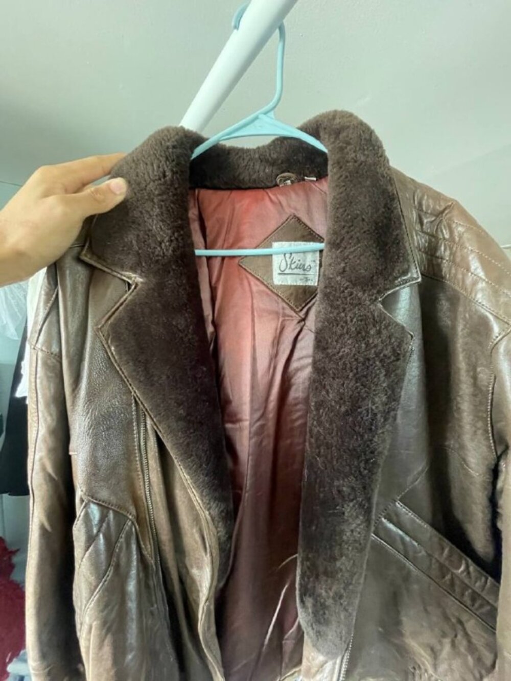 Vintage Skins by Tera Brown Leather Bomber Jacket Shearling Collar Men's Large